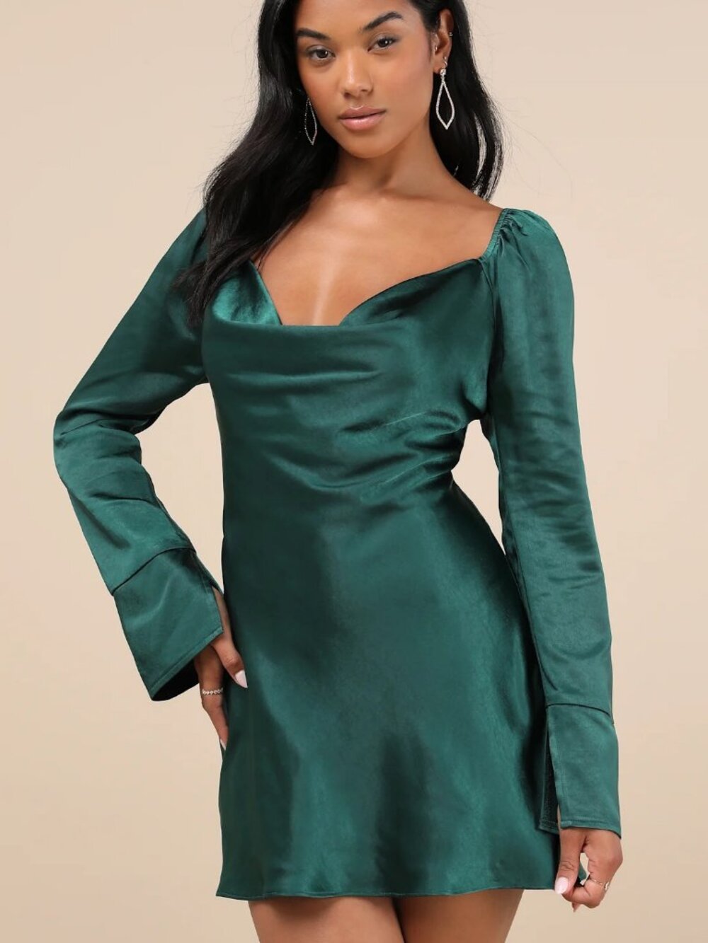 Lulus Emerald Green Satin Mini Dress NWT Size Large Cowl Neck Party Dress